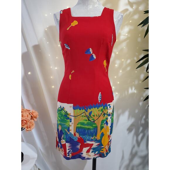 CDC Petites Vtg 90s Salsa Dancing Scene Square Neck Sheath Dress Size 4 Music - Picture 1 of 10